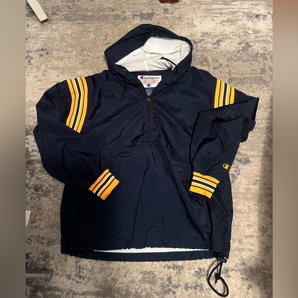 Vintage Champion Lined Windbreaker Pullover Jacket S | 90s Navy/Gold Striped - Picture 2 of 16